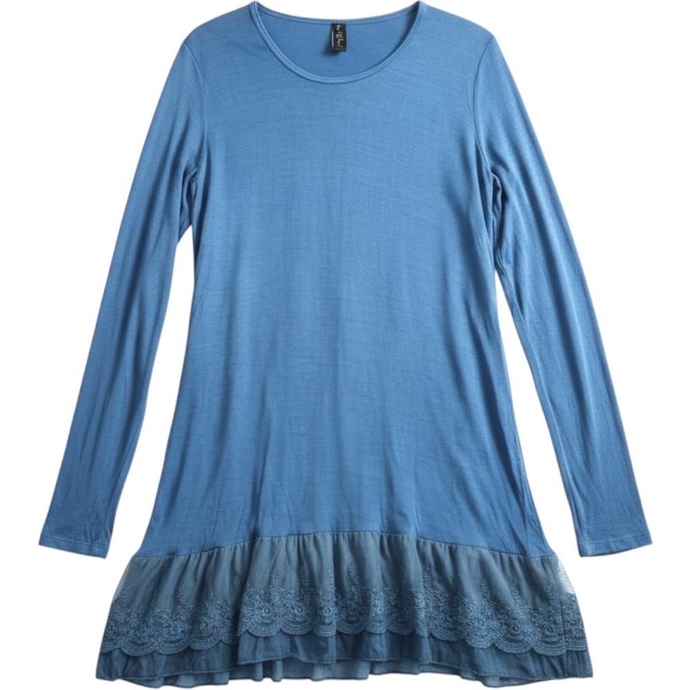 Sacred Threads Tunic L/XL Blue Viscose Cotton Boho Lagenlook Mesh Ruffle Earthy